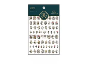 Close-up of 5D floral nail art stickers with vintage roses and lavender patterns