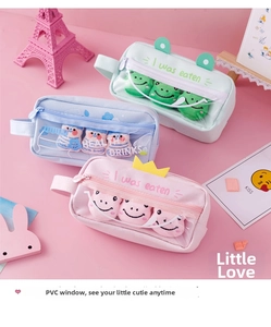 Plush cartoon pencil cases with PVC transparent windows and side handles in soft colors