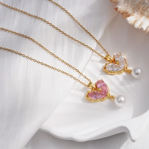 Gold plated heart pendant necklace with pink zircon and white pearl on silk