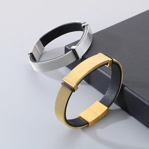 Detail of woven stainless steel mesh bracelets with magnetic clasps on jewelry box