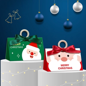 Christmas gift boxes with silk bows and wooden handles on festive display stand