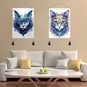 Bohemian 3D cat art tapestry with tassels and wooden bar for home wall decor