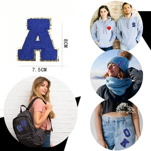 Royal blue letter A towel embroidery patch with gold sequins and size dimensions