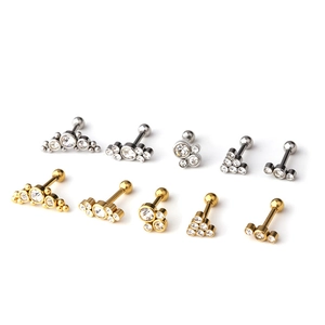 Polished stainless steel 16G tragus studs set with diverse geometric zircon designs