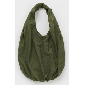 Detailed front view of spacious olive green nylon tote bag with pleated texture