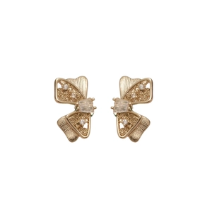 Elegant gold bow earrings with shimmering zircon butterfly wings on a clean white background