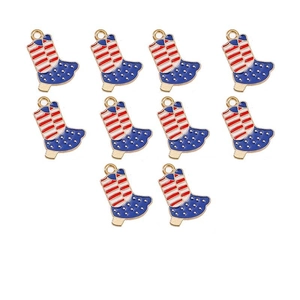 Close-up of ten enamel cowboy boot charms with American flag pattern for DIY jewelry