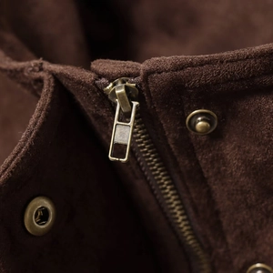 Deep brown faux suede vintage jacket with retro copper zipper and metallic button details