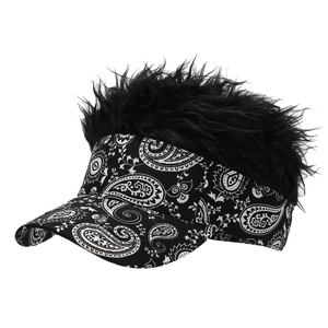 Black paisley baseball cap featuring a unique long black synthetic wig attachment on top