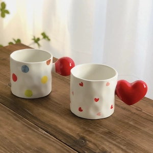 Ceramic Mug Checkered Grid Heart Pattern Retro Porcelain Coffee Cup Creative Handle Minimalist Ins Style Drinkware