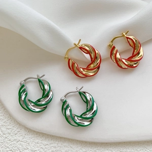 French vintage twisted hoop earrings in gold-red and silver-green metallic finishes