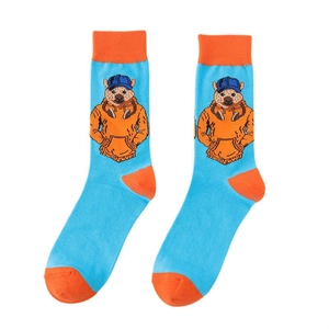 Detailed view of sky blue crew socks with orange accents and cartoon hyena pattern