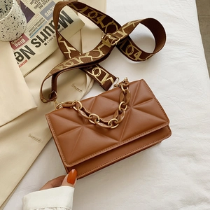 Geometric Quilted PU Leather Shoulder Bag Women Trendy Small Square Crossbody With Chain Wide Jacquard Strap