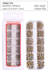 Detail view of 1000pcs mixed gold and silver nail rhinestones in 12-grid storage box