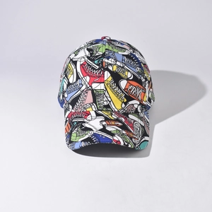 Detail of vibrant hand-drawn style sneaker prints on a high-quality six-panel baseball cap