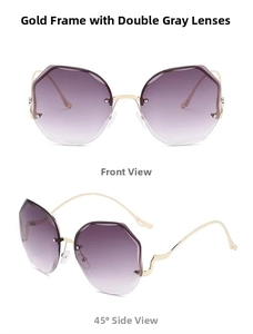 Detailed front and side views of gold rimless sunglasses with gradient gray lenses