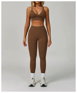 Detail view of coffee brown seamless V-neck sports bra and high waisted yoga leggings set