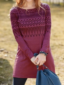 Detail of burgundy knitted long sleeve dress featuring ethnic floral and geometric patterns