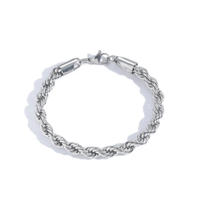Silver stainless steel twist rope chain bracelet with secure lobster clasp on white background