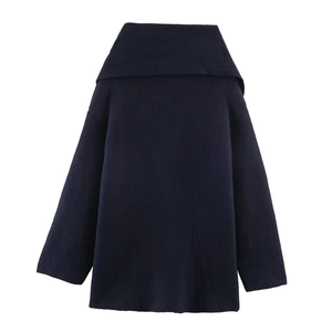 Women's dark blue winter knitted coat with wide lapel collar, stylish back view shot