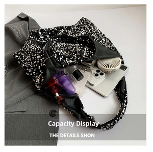 Detailed interior of sequin tote bag showing large capacity for essentials