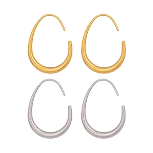 U-shaped stainless steel drop hoop earrings in gold and silver finish on white background