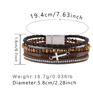 Bohemian multilayer woven bracelet with leather beads and crystal cross pendant charm