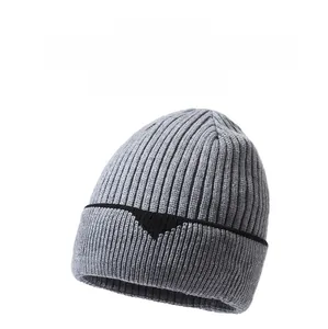 Detailed close-up of grey ribbed knit beanie showing soft fleece texture and logo detail