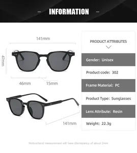 Detailed size chart and specifications for vintage square frame yellow sunglasses