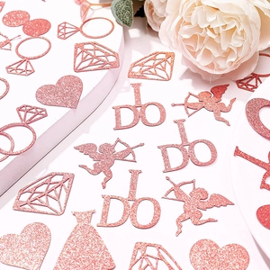 Rose gold glitter confetti set with I DO rings and hearts for wedding party table decor