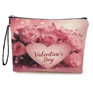 Pink rose pattern Valentine's Day makeup bag with zipper and handle on white background