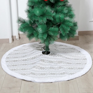 Christmas Tree Skirt Knitted Snowflake Pattern Round Faux Fur Trim Holiday Home Party Decor Warm Elegant