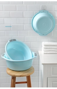 Nesting light blue plastic basins with reinforced hanging holes for wall storage