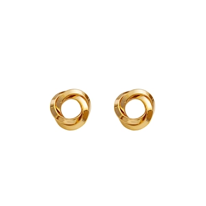 Detail view of gold twisted triple ring earrings with a polished metallic finish