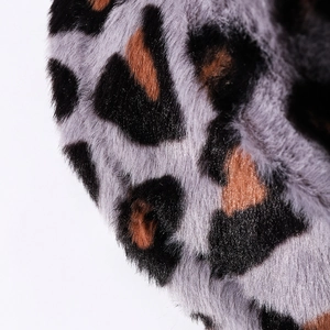 Fashionable leopard print faux fur bucket hat with soft texture and grey-brown animal pattern