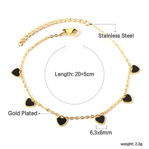 Detailed specs of gold-plated stainless steel anklet with black heart charms and measurements
