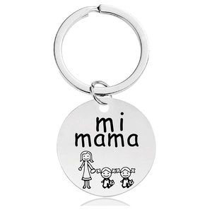 Detailed engraving of mother and daughters with mi mama text on silver metal keychain