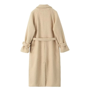 Elegant beige long fleece coat with waist belt, high-quality fabric texture back view