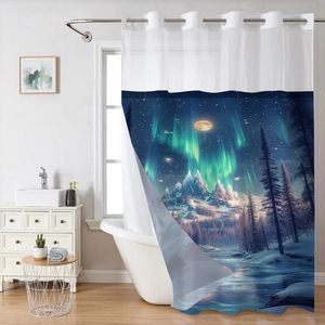 Rideau de douche imperméable forêt aurore avec anneaux métalliques pour salle de bain