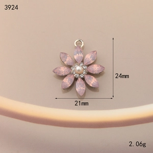 Detailed pink flower charm with imitation pearl and rhinestones measuring 21mm by 24mm