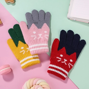 Three pairs of kids' thick knitted gloves with cute cat jacquard and warm winter lining