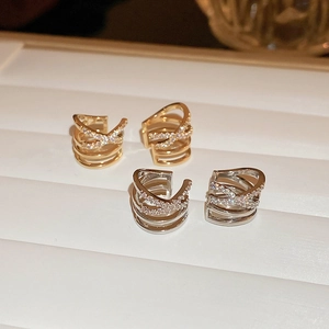 Cross-layered zircon ear cuff set in gold and silver finish for non-pierced ears