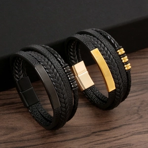 Men Multi Layer Braided Leather Bracelet With Stainless Steel Magnetic Clasp Metal Beads Stylish Wristband Jewelry