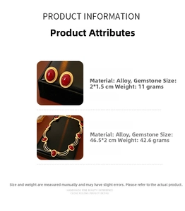 Detailed view of vintage red oval gemstone jewelry set with size and weight specifications
