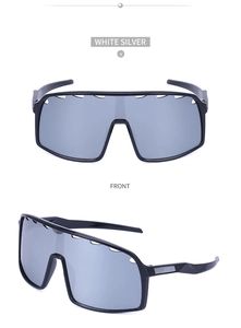 Detailed front and side views of large-frame cycling sunglasses in black and silver