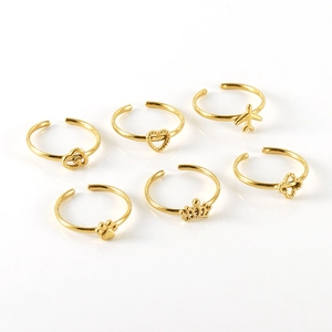Set of 6 gold minimalist stainless steel open rings with heart and crown charms