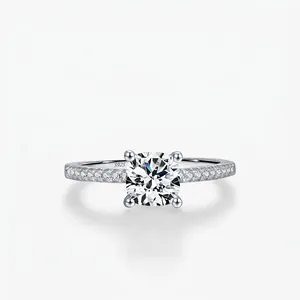 Moissanite Ring 925 Sterling Silver Round Cut Sparkling Pave Cubic Zirconia Luxury Engagement Jewelry For Women