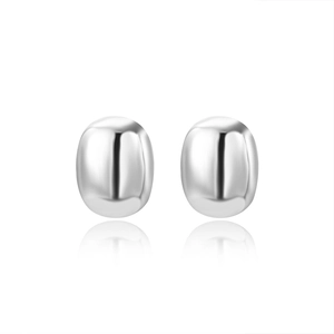 Polished silver bean-shaped stud earrings showing smooth metallic texture and reflection