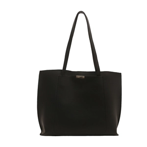 Minimalist black faux leather tote bag for women with dual shoulder straps for commuting