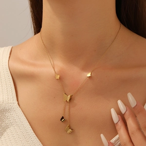 Elegant 18K gold plated stainless steel Y-shaped necklace with butterfly charms
